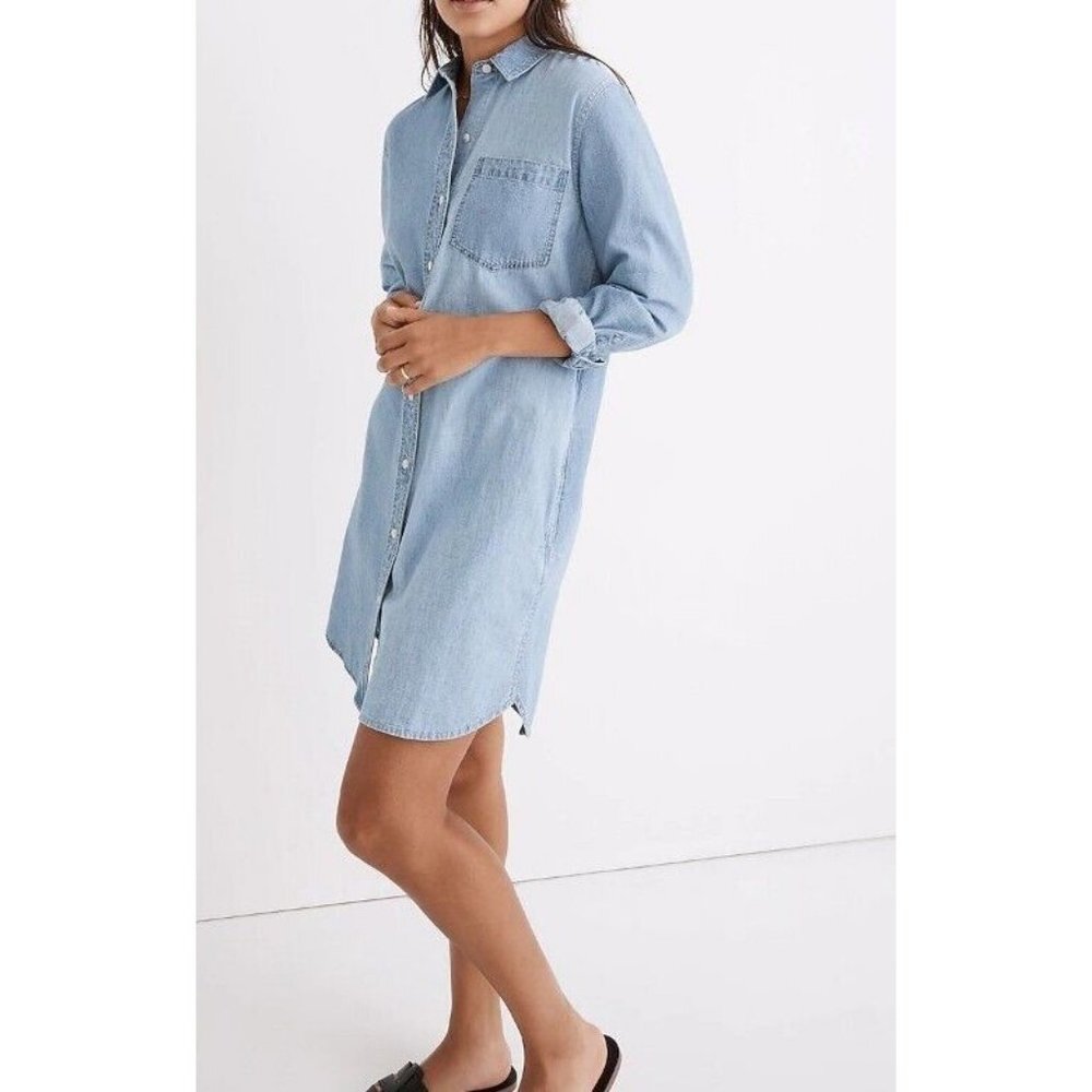 Madewell x Solid Striped Denim Colorblock Shirtdress Blue Size S Chambray Dress